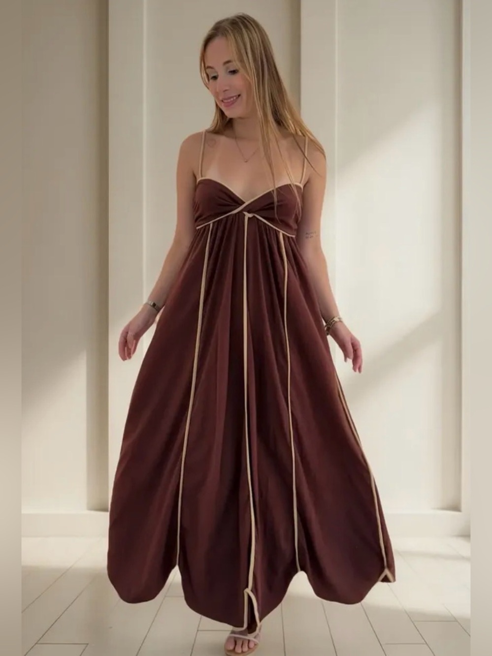 FARM Rio Brown Cutout Maxi Dress with Contrast Trim – Size M